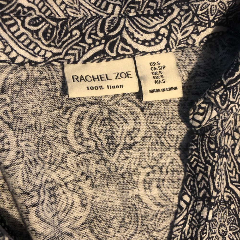 Rachel Zoe 100% Linen Boho Top Blue White Print Size S - Picture 5 of 10